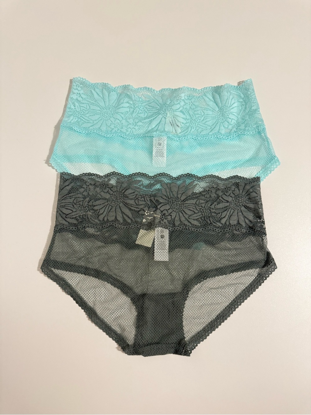 Aerie Lace-Trim Hipster Panty Set in Mint & Charcoal Sz S